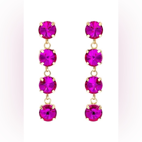 NEW JEWELRY ARRIVAL FOUR RHINESTONE DROP DANGLING EARRINGS-FUCHSIA - Picture 1 of 3